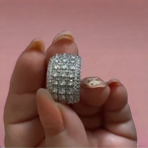 🧊💍Wide Luxurious Silver CZ Diamond 5-Row Sparkle Band Statement Cocktail Ring - Picture 14 of 17